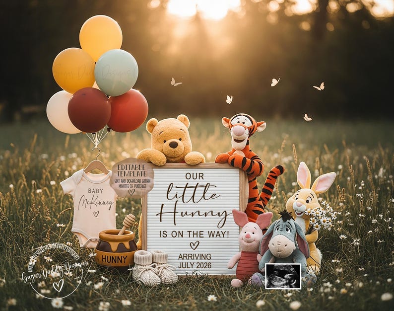 May include: A charming baby announcement featuring Winnie the Pooh characters. A sign reads "Our Little Hunny is on the Way! Arriving July 2026." Balloons, a baby onesie, and baby shoes are also included in the scene. The image is set in a grassy field.