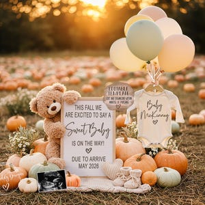 May include: A baby announcement scene with pumpkins, balloons, and a teddy bear. The sign says "Sweet Baby is on the way!" with a May 2026 due date. A baby onesie and ultrasound image are also included in the display.
