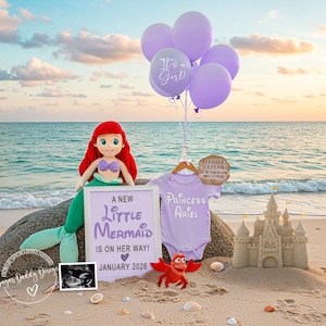 Little Mermaid Pregnancy Announcement, Digital Girl Disney Princess Purple Baby Announce, Girl Social Media Template, It&#39;s a Girl Princess