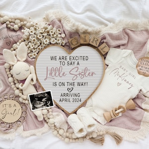 Baby Schwester Digitale Schwangerschaftsankündigung für soziale Medien, Es ist eine Mädchengeschlechtsoffenbarung-Babymitteilung, bearbeitbare Boho-Gender-Offenbarung