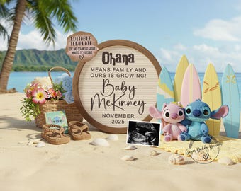 May include: A wooden sign with the text "Ohana means family and ours is growing! Baby McKinney November 2025" surrounded by a beach scene with surfboards, sand, and two Stitch characters.