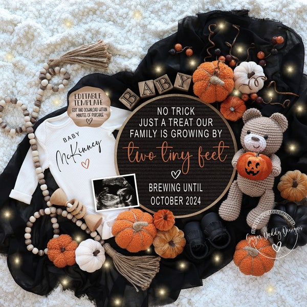 Halloween Digital Pregnancy Announcement, New Little Boo, Halloween Social Media, Instant Editable Template, No Trick Just a Treat