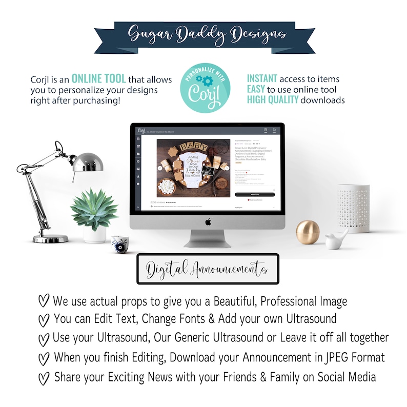 May include: A computer monitor displays a baby announcement design with the text "BABY". The image includes text that reads "Sugar Daddy Designs" and "Digital Announcements". Additional text describes the online tool and its features.