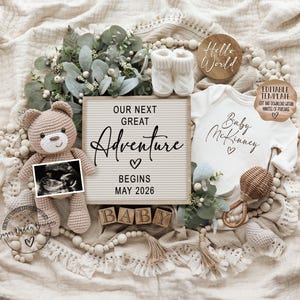 Adventure Pregnancy Announcement · Neutral Boho Teddy Bear Baby Reveal · Editable Digital Template image 1