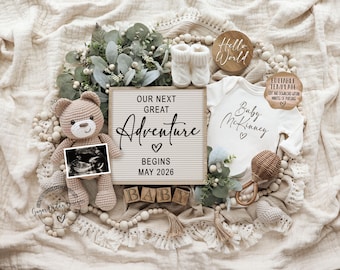 Adventure Pregnancy Announcement · Neutral Boho Teddy Bear Baby Reveal · Editable Digital Template
