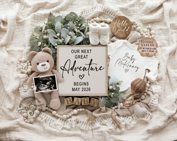Adventure Pregnancy Announcement · Neutral Boho Teddy Bear Baby Reveal · Editable Digital Template