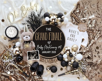 Pode incluir: Um anúncio festivo com um ursinho de pelúcia, um relógio e roupas de bebê. O anúncio inclui o texto "Oh Baby", "The Grand Finale", "Baby McKinney #4" e "Janeiro 2026". As decorações incluem balões dourados e pretos e confetes.