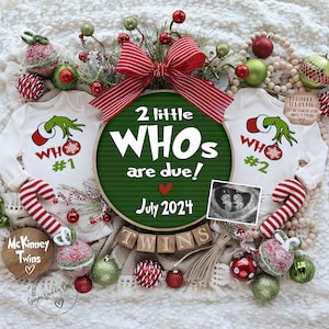 Zwillings-Weihnachtsschwangerschaftsankündigung Digital, lustige Überraschung Zwillingsenthüllung, Weihnachtsgrinch-Zwillingsthema, bearbeitbare Vorlage, geschlechtsneutral