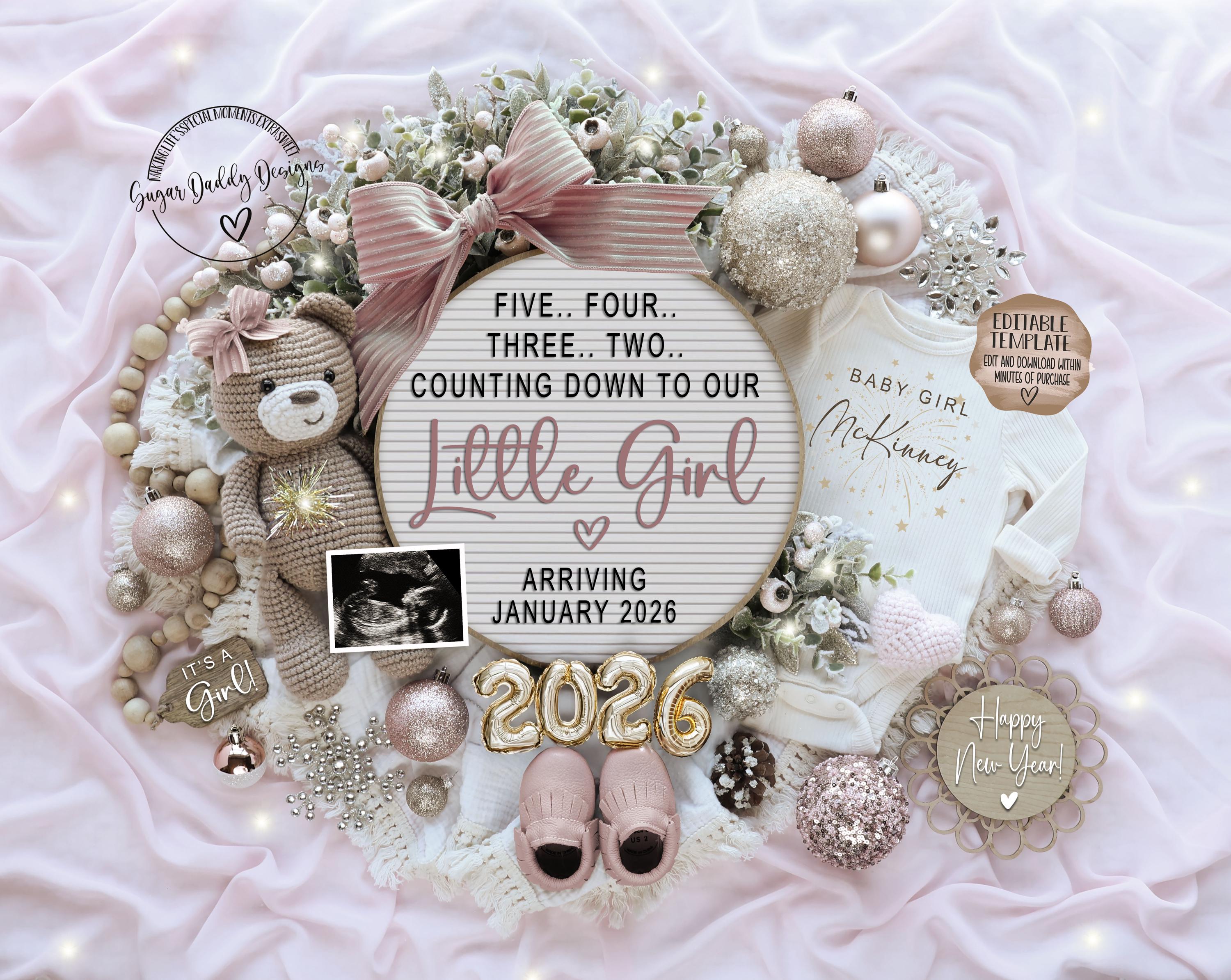 Editable New Year 2026 Pregnancy Announcement: Girl Gender Reveal (Digital Download