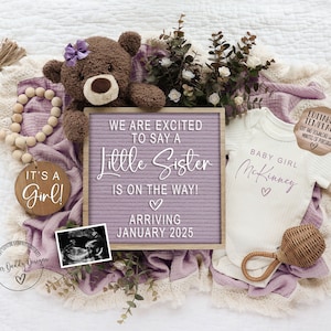 Baby Schwester Digitale Schwangerschaftsankündigung für soziale Medien, Es ist eine Mädchen Lila Geschlecht Offenlegung Babymitteilung, bearbeitbare Boho Geschlecht Enthüllung