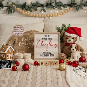 Weihnachtsbabyankündigung Digital, fällig im Dezember Schwangerschaftsankündigung, ich werde zu Weihnachten zu Hause sein, geschlechtsneutral bearbeitbare Vorlage