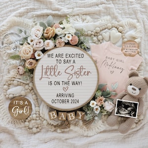 Anuncio de embarazo digital de la hermana bebé para las redes sociales, es un anuncio de bebé de revelación de género de niña, revelación de género boho editable