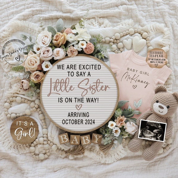 Baby Sister Digital Pregnancy Announcement for Social Media, It's a Girl Gender Reveal Baby Announcement, Editable Boho Gender Reveal