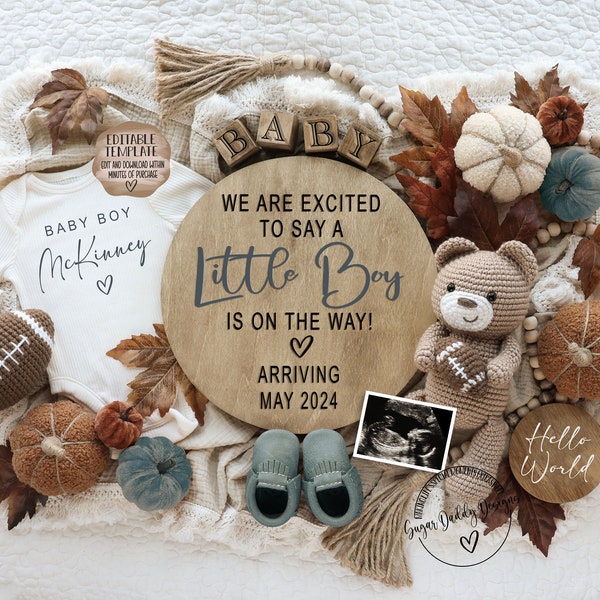 Baby Boy Digital Pregnancy Announcement, Fall Football It's a Boy Gender Reveal Announce, Editable Template Gender Reveal for Social Media