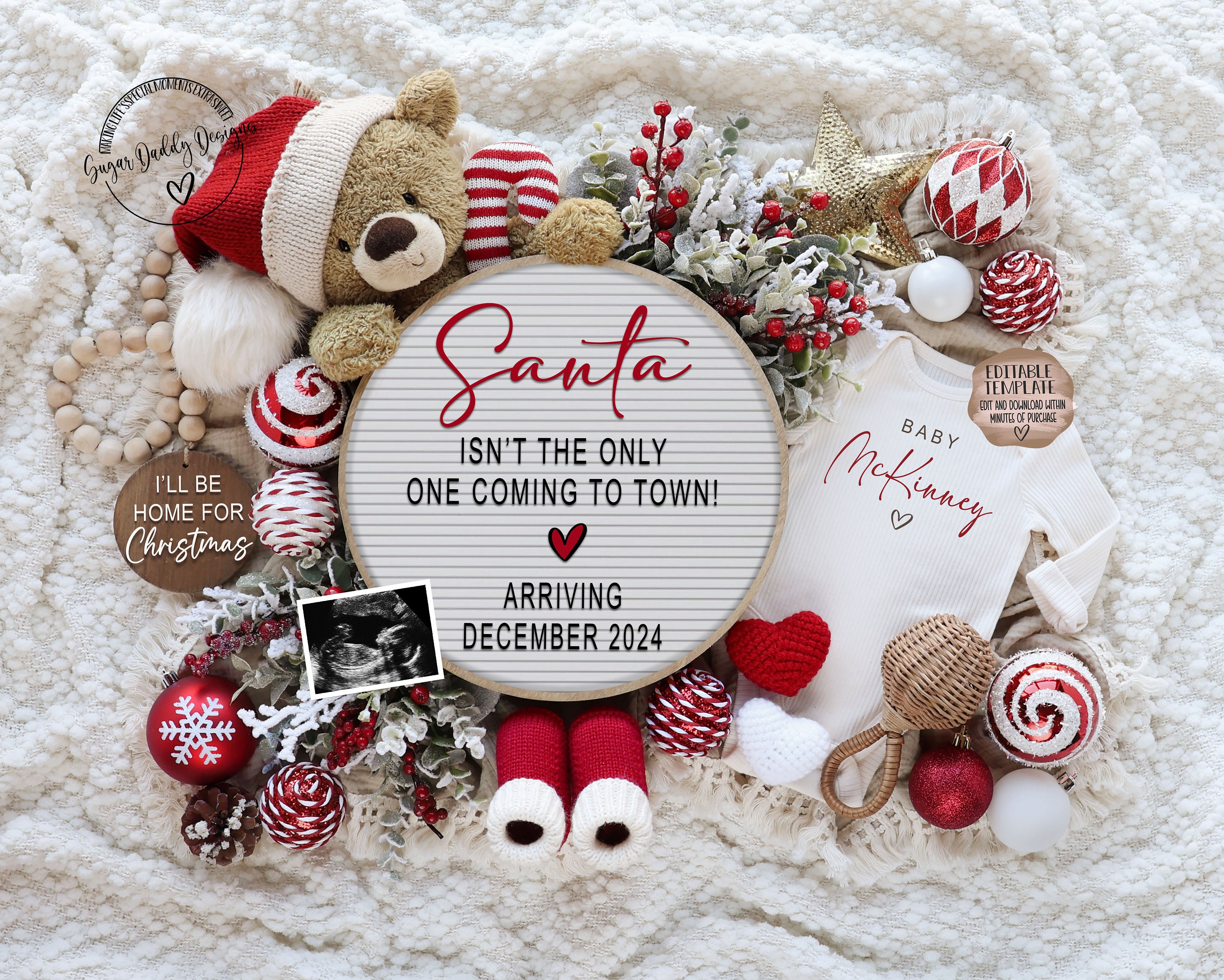 Christmas Pregnancy Announcement: December Due Date, Editable Template (Digital)