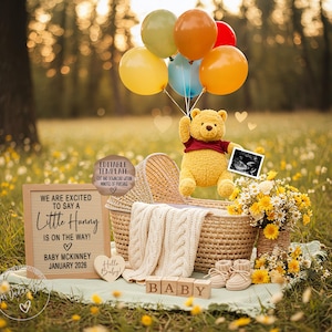 Winnie the Pooh Schwangerschaftansage, digitale Pooh-Bär-Babyansage, bearbeitbare Social-Media-Vorlage, geschlechtsneutrale Enthüllung, kleine Hunny