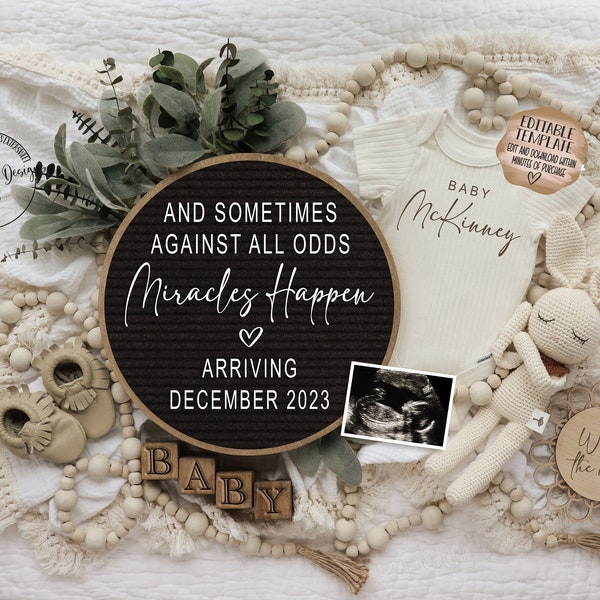 Pregnancy Announcement Digital \ Miracle Baby Announcement\ Gender Neutral Boho \ Editable Template\ Social Media Announcement\ Rainbow Baby