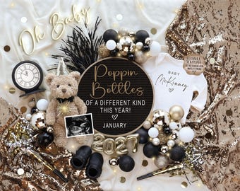 May include: A New Year's themed pregnancy announcement with a teddy bear, ultrasound photo, and a onesie that says "Baby McKinney." The announcement includes the text "Poppin Bottles of a Different Kind This Year! January 2027."