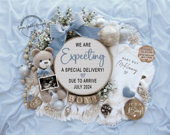 May include: A blue and white baby announcement with a sign that says "We are expecting a special delivery! Due to arrive July 2024". There is a teddy bear, a baby onesie, and a sonogram picture.