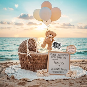 Beach Twin Pregnancy Announcement, Digital Twin Announcement Template, Beach Pregnancy Twin Reveal Ideas, Twin Instant Download, Beach Twins