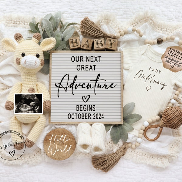 Neutral Pregnancy Announcement Digital | Boho Baby Announcement |  Social Media Facebook Instagram | Editable Template | Our Next Adventure