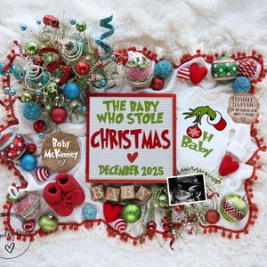 Anuncio de embarazo navideño digital, divertido anuncio sorpresa de bebé, tema navideño del Grinch, plantilla editable, bebé que robó la Navidad