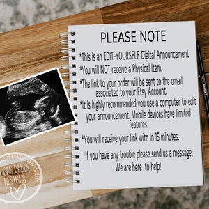 May include: A digital pregnancy announcement with a sonogram image. The announcement is on a wooden surface with a spiral-bound notepad and a pen. Text on the notepad reads "PLEASE NOTE" and details about the digital announcement.