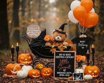 May include: A Halloween-themed pregnancy announcement with a teddy bear in a witch hat, pumpkins, and balloons. A black onesie reads "Baby McKinney." A sign says "We've been keeping a spooky little secret brewing until April 2026."