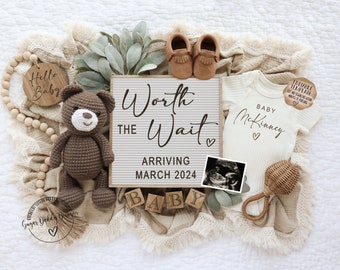 May include: A brown teddy bear, a letter board with the text "Worth the Wait" and "Arriving March 2024", a white onesie with the text "Baby McKinney", a wooden bead garland, a wooden rattle, and a baby ultrasound image.