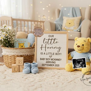 Annuncio di gravidanza digitale di Winnie Pooh Baby Boy, è un maschio Annuncio di rivelazione del sesso del bambino, modello modificabile Rivelazione del sesso Social media