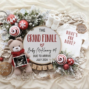 Anuncio de embarazo del último de Navidad, Digital, Gran Final, Anuncio de bebé de osito de peluche, Redes sociales, Plantilla editable, Uno más