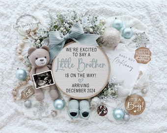 May include: A winter-themed baby announcement with a white background. A wooden sign with the text "We're excited to say a little brother is on the way! Arriving December 2024" is surrounded by a crocheted teddy bear, a baby onesie, a pair of blue baby shoes, and a blue and white striped bow. There are also several silver and blue ornaments and a small wooden sign that says "It's a Boy!"
