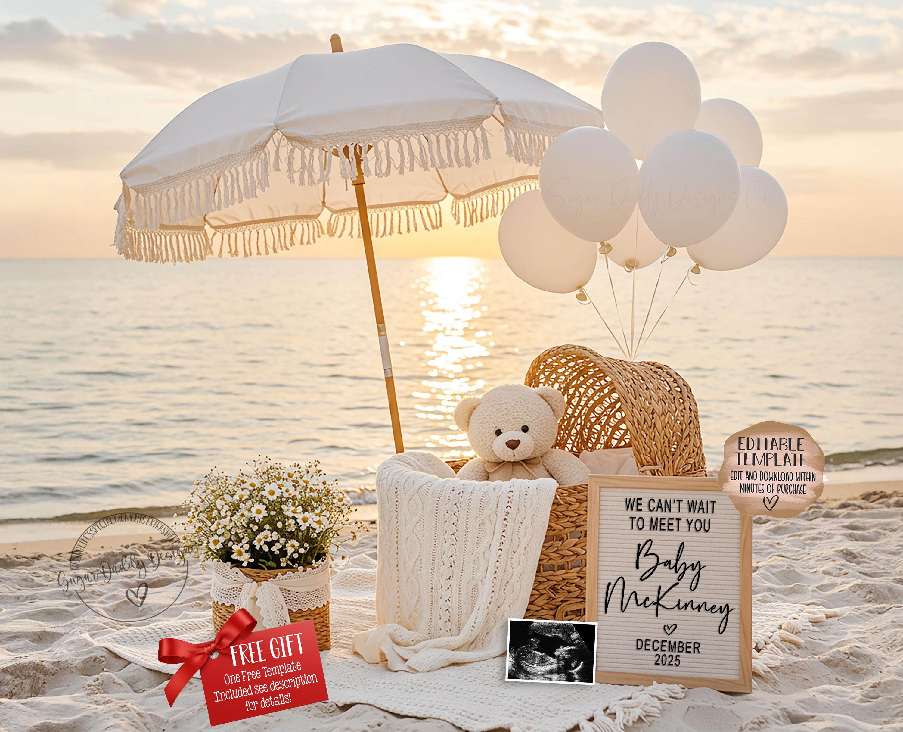 Beach Pregnancy Announcement: Teddy Bear Reveal (Digital Template)
