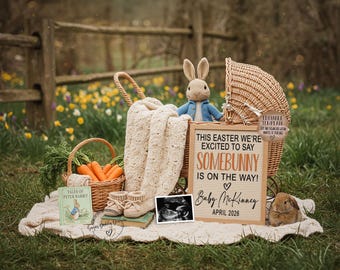 May include: A wicker baby carriage with a bunny rabbit plush toy, a blanket, carrots in a basket, and a sign that reads "This Easter we're excited to say Somebunny is on the way! Baby McKinney April 2026".