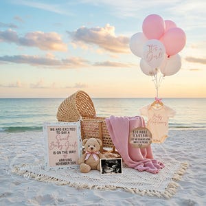 Anuncio digital de género de bebé niña en la playa, anuncio de revelación de género de bebé niña en la playa, revelación de género de niña editable, tema de playa