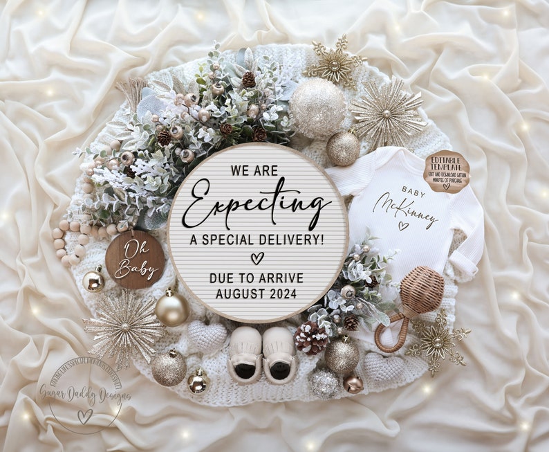 May include: A white wooden sign with the text "We are Expecting a Special Delivery! Due to Arrive August 2024" surrounded by white, gold, and brown ornaments, including a baby onesie with the text "Baby McKinney" and a wooden sign with the text "Oh Baby".