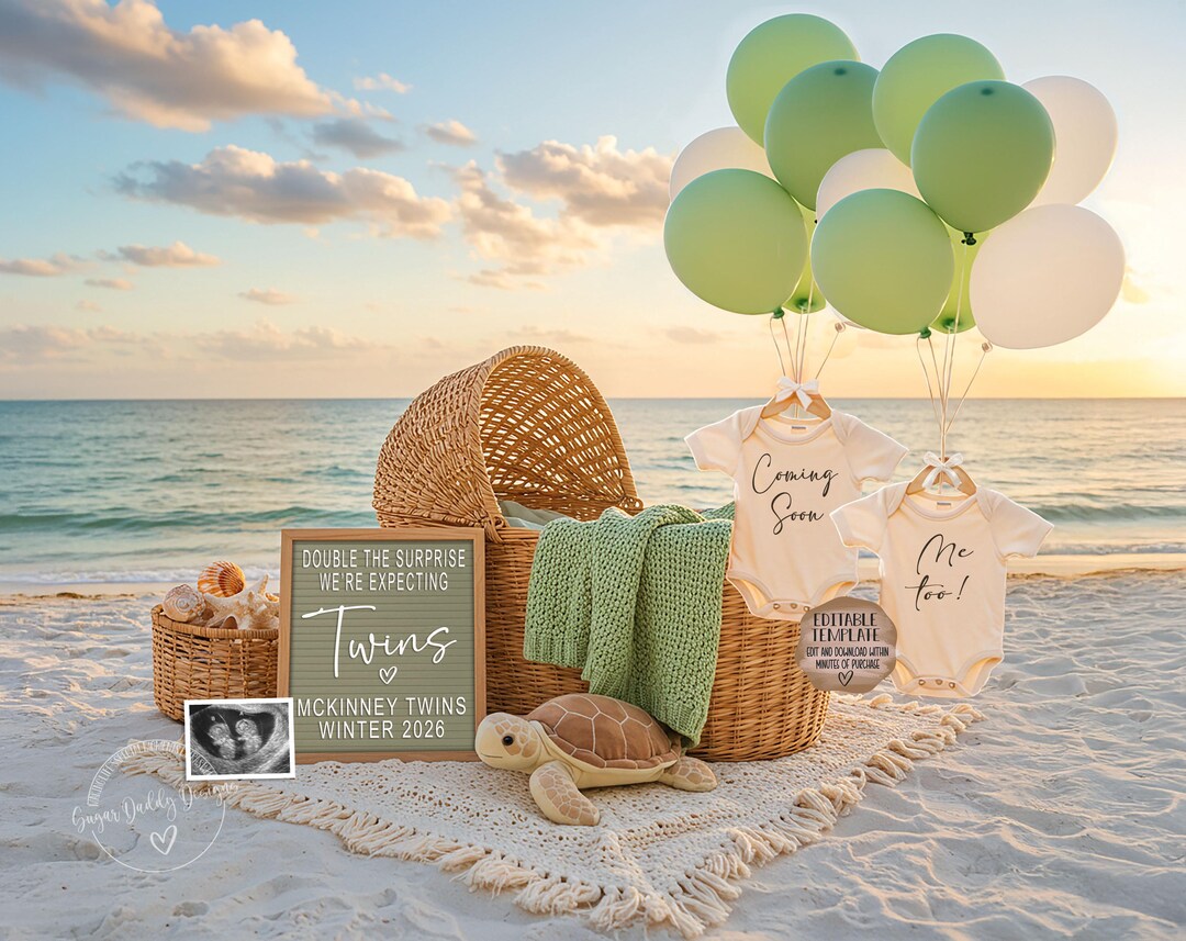 A digital beach twin pregnancy announcement, highlighting the excitement of a new addition