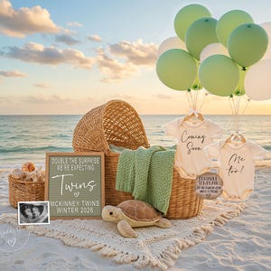 Beach Twin Pregnancy Announcement, Digital Twin Announcement Template, Beach Pregnancy Twin Reveal Ideas, Twin Instant Download, Sea Turtle