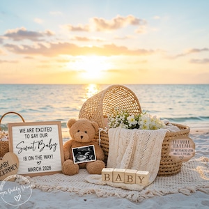 Summer Pregnancy Announcement, Digital Beach Pregnancy Announce Template, Beach Baby Reveal, Instant Download, Cute Announce Sweet Baby