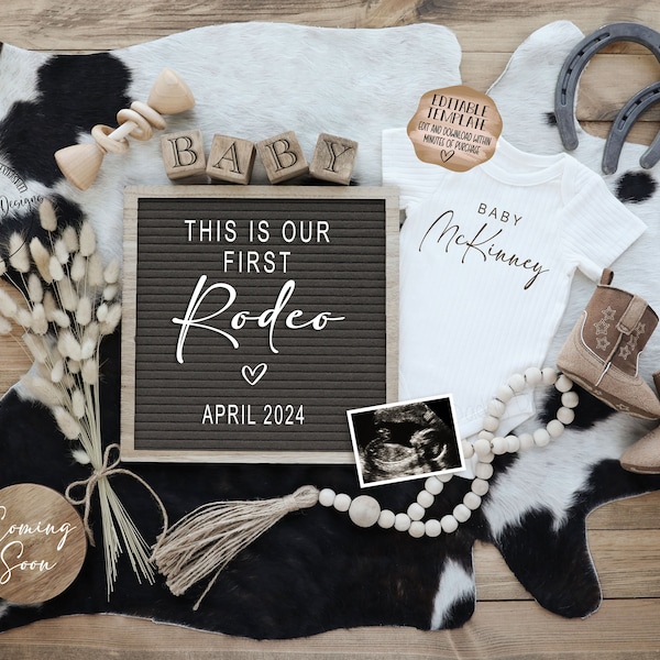 Western Pregnancy Announcement Digital, Cowboy Baby Announcement, Social Media Facebook Instagram, Editable Template, Our First Rodeo