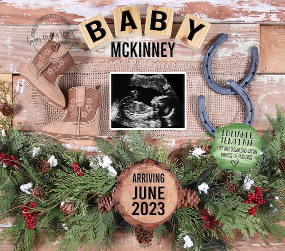 Christmas Digital Pregnancy Announcement \ Editable Template \ Cowboy Boots Baby Announcement