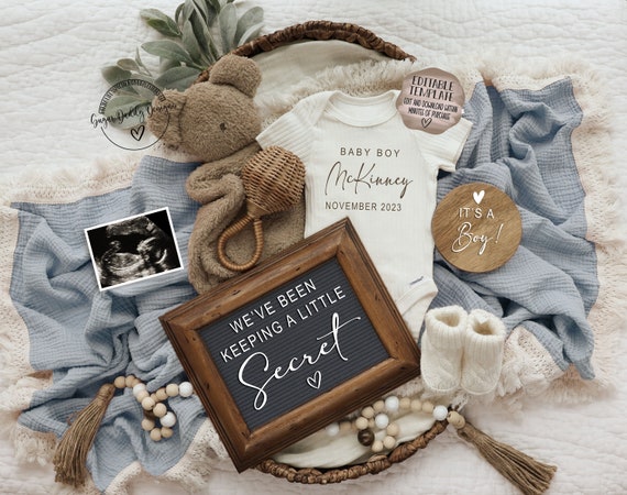 Baby Boy Digital Pregnancy Announcement | It's a Boy Gender Reveal Baby Announcement | Editable Boho Gender Reveal for Social Media Il_570xn
