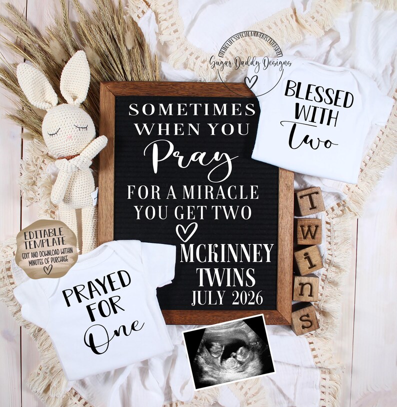 Twin Pregnancy Announcement: Sometimes You Pray for a Miracle You Get Two Editable Template image 1
