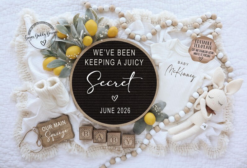 Lemon Baby Reveal Template — Juice Secret Pregnancy Announcement (Digital) image 2