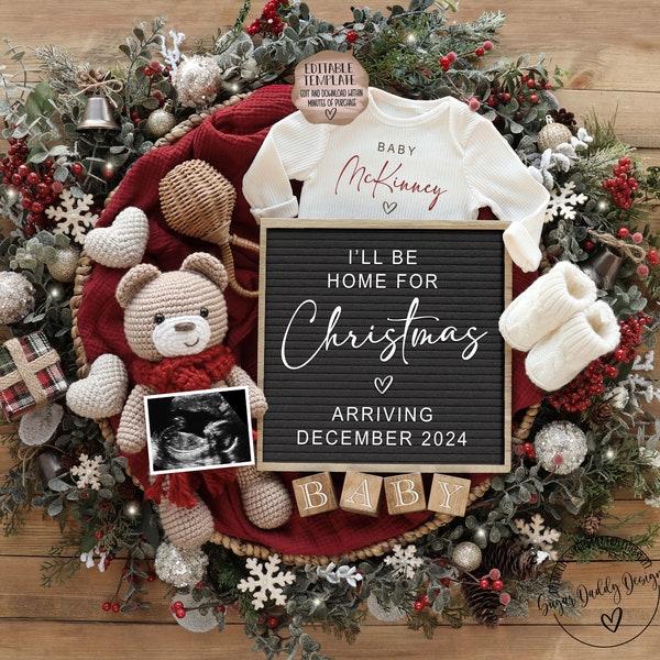 Christmas Digital Pregnancy Announcement \ Due in December Baby Announcement \ Gender Neutral\ Editable Template\ I'll be home for Christmas