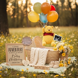 Annuncio di nascita dell'orsetto Winnie the Pooh, annuncio di gravidanza digitale della grande avventura di Winnie the Pooh, modello modificabile per i social media, idea per rivelare il sesso del bambino