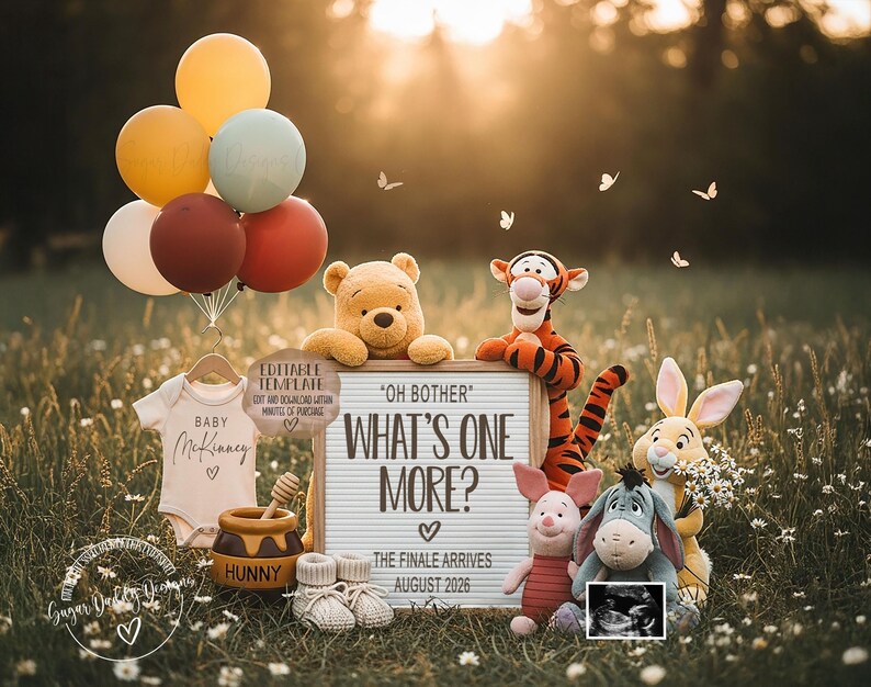 May include: A whimsical baby announcement featuring Winnie the Pooh characters. A sign reads "Oh Bother, What's One More? The Finale Arrives August 2026." Balloons, a onesie, honey pot, baby shoes, and an ultrasound image complete the scene.