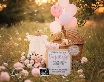 Może przedstawiać: Scena ogłoszenia dziecka z kremową sukienką, różowymi różami i balonami z napisem "It's a Girl!". Miś siedzi w wiklinowym wózku. Znak głosi "Every Good & Perfect Gift is from above. Baby Girl McKinney February 2026."