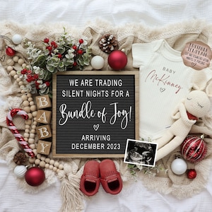 Digitale kerstzwangerschapsaankondiging \ Babyaankondiging december\ Genderneutraal\ Bewerkbare sjabloon\ Ruilen Stille Nacht-bundel vol vreugde