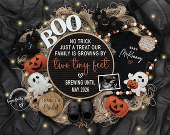Halloween Pregnancy Announcement • No Trick Just a Treat Baby Reveal • Editable Digital Template